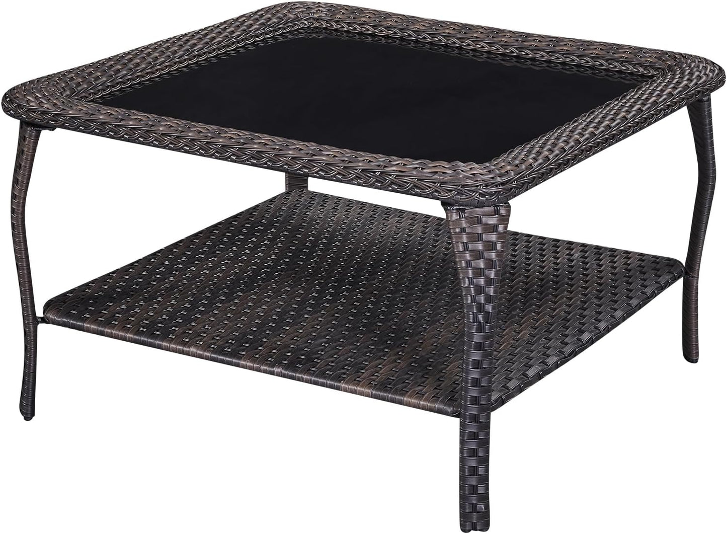 Patio Tables Outdoor Coffee Table - Wicker Rattan Coffee Tables with 2-Tier Storage Shelf Glass Top for Proch Deck Balcony Garden Squre Brown