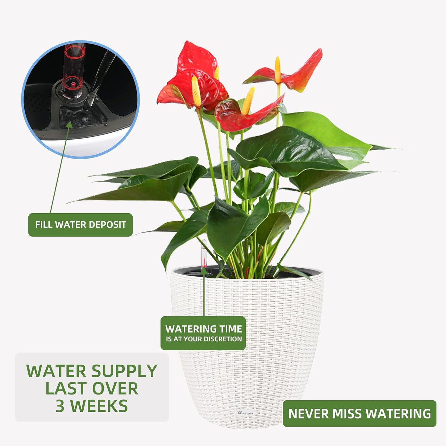 Dexceder 15x14 Rattan Self Watering Planter with Wheels Indoor Outdoor, Inner Pot Design, Thickened Large Floor Standing Flower Plant Pot with Water Level Indicator (Ivory White)