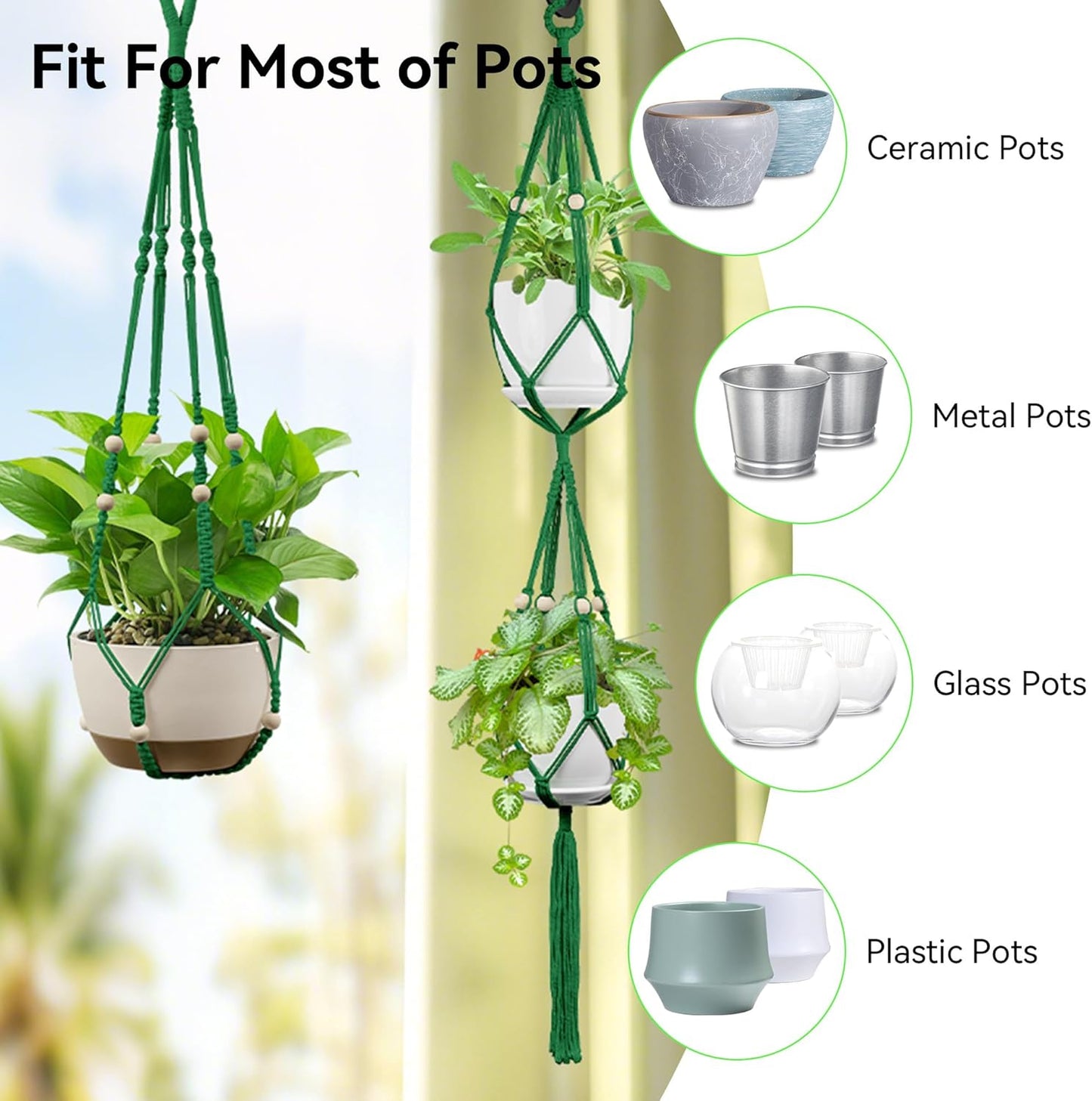 USLAI Macrame Plant Hanger Indoor Outdoor, Up to 4-15 inch Pot, Heavy 20lb Planters, Extra Long Strong Hanging Planter Basket Holder, Boho Home Decor, 35+49 Inch, Green (POTS NOT Included)