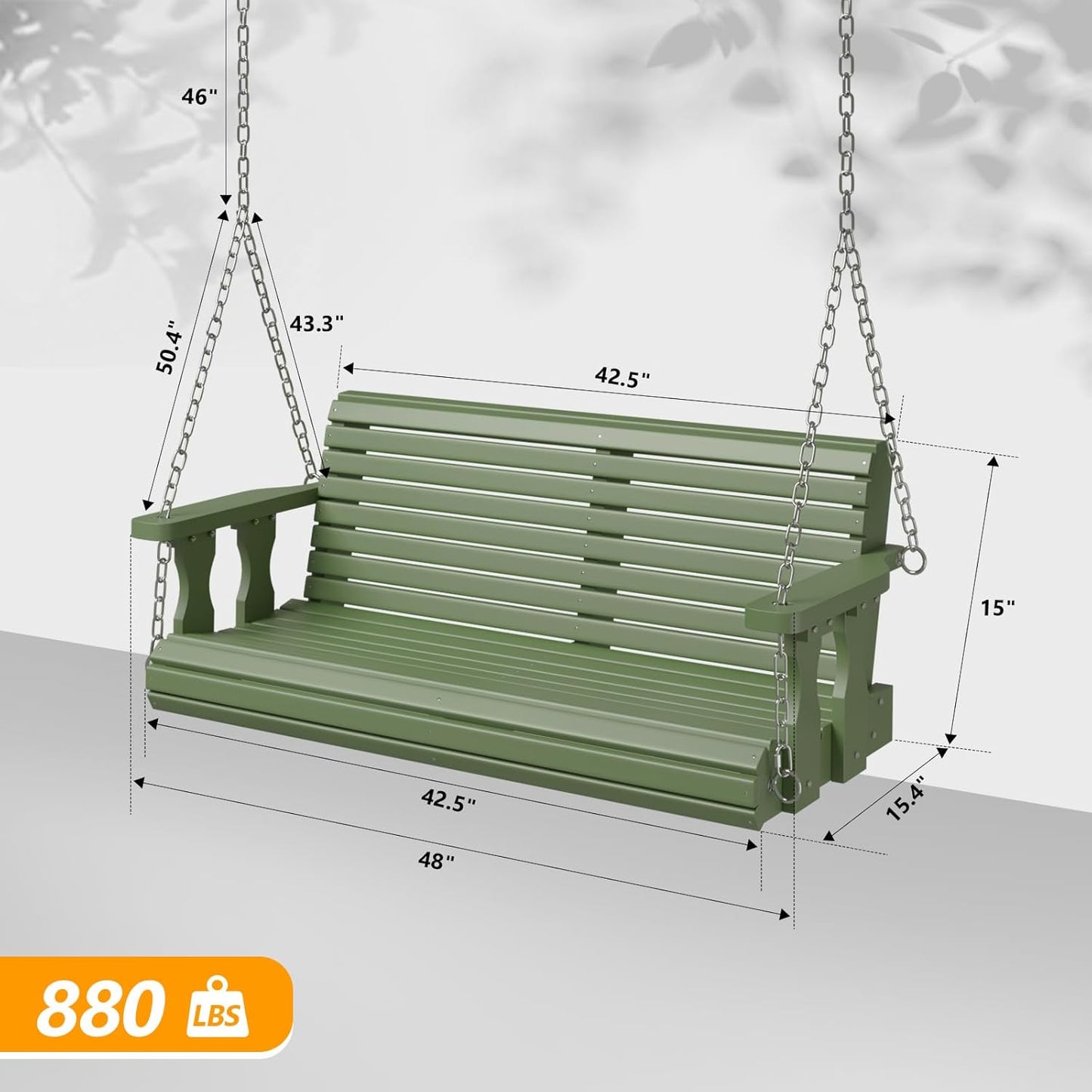 VINGLI Upgraded Patio Wooden Porch Swing for Courtyard & Garden, Heavy Duty 880 LBS Swing Chair Bench with Hanging Chains for Outdoors (Green, 4 FT)