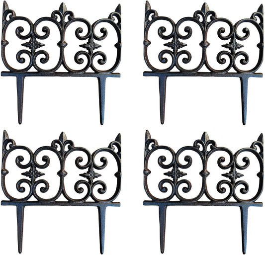 Ornate Cast Iron Garden Edging Fence（10.5" Tall） - 4 Pack Heavy Duty Metal Border for Lawn, Patio & Landscaping HC8308