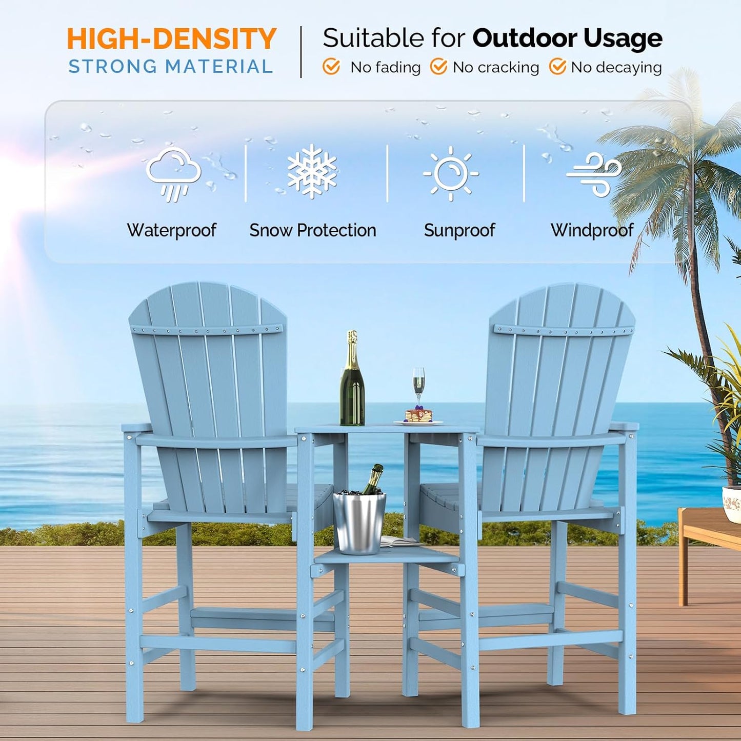 VINGLI Tall Adirondack Chairs Set of 2, HDPE Balcony Chair with Double Connecting Tray Weather Resistant Outdoor Bar Stools for Patio Deck Lawn Pool Backyard (Blue)