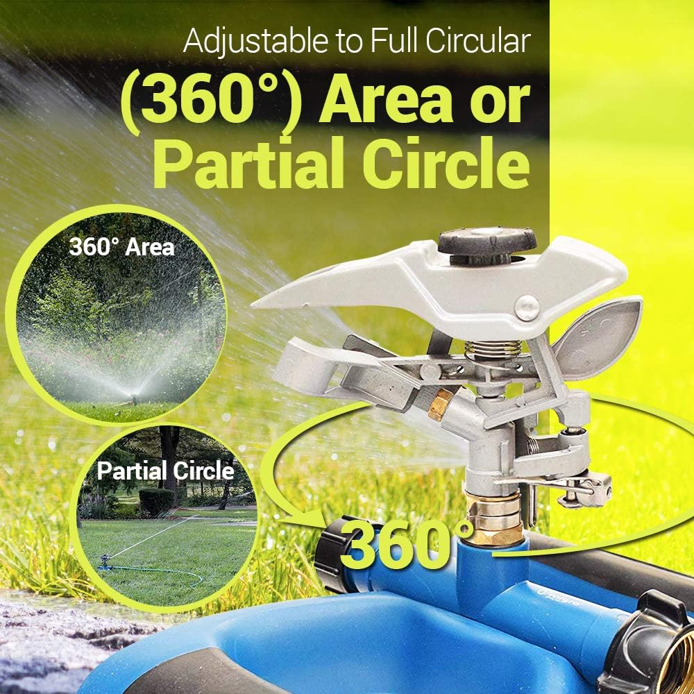 Lawn Sprinkler with Metal Head - 360 Degree Pulsating Garden Water Sprinkler for Lawn - Waters up to 85 feet in Diameter, Adjustable Spraying Area and Distance