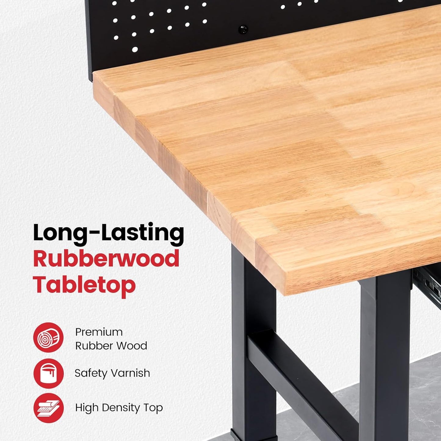 Work Bench with Wheels 60 x 22 Inch Heavy Duty Rubberwood Tabletop Work Table Adjustable Height Garage Workbench with LED, Drawers, Pegboard, Power Outlets for Woodworking Shop, Home, Office