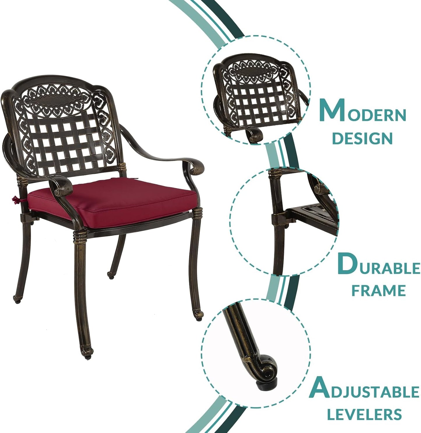 MEETWARM 3 Piece Patio Bistro Set, Outdoor All-Weather Cast Aluminum Dining Furniture Set Includes 2 Chairs with Cushions and a 31” Round Table with Umbrella Hole for Garden Deck, Chili Red