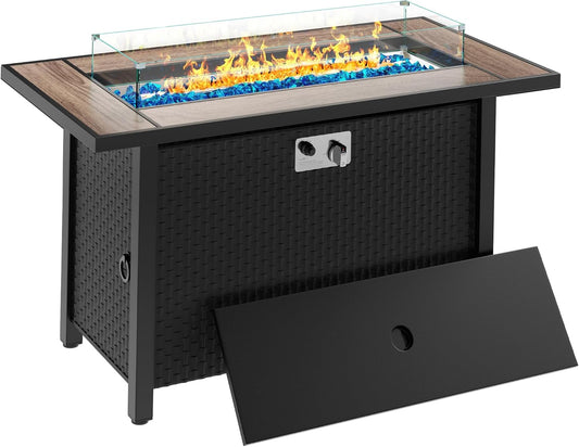 Meilocar 45in Fire Table, Propane Fire Pit with Glass Wind Guard and Rain Cover, Outdoor Firepit Table 50000 BTU 3-in-1 Fire Table for Patio/Yard/Balcony, Walnut Tabletop