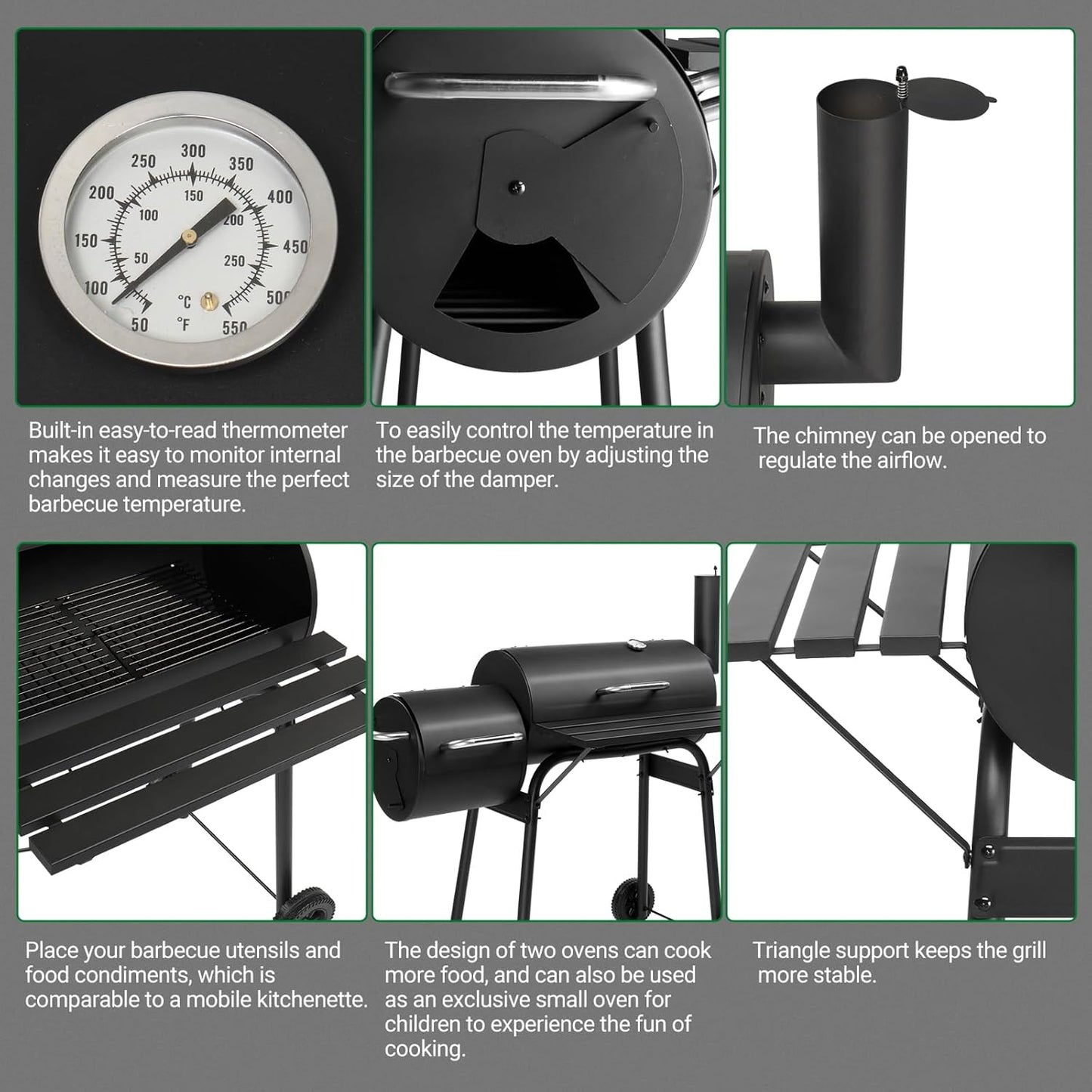 Outvita Outdoor BBQ Charcoal Grill, Portable Camping Grill for 6-10 People with Offset Smoker & Wheels for Patio Backyard Picnic