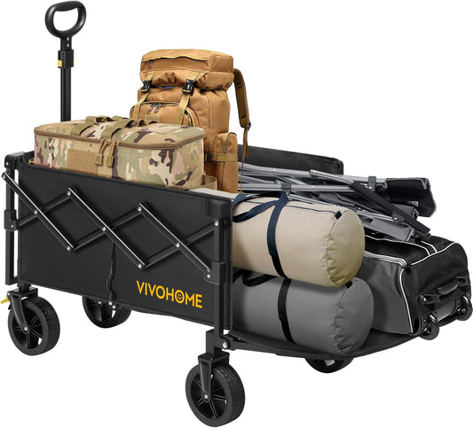 VIVOHOME 130L Collapsible Wagon with Tailgate, 320lb Load-Bearing Outdoor Utility with All-Terrain Wheels, Adjustable Handle, Cup Holders for Camping, Shopping, Garden, Sports, Picnic, Black
