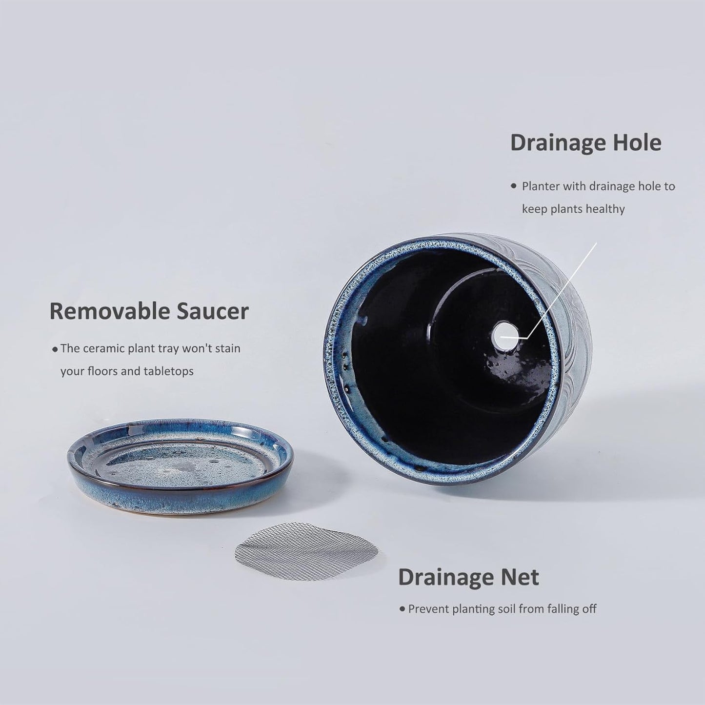 Ceramic Planter Pot, 5in, Reactive Glaze Blue, Indoor Outdoor Usage, with Drainage Hole and Saucer