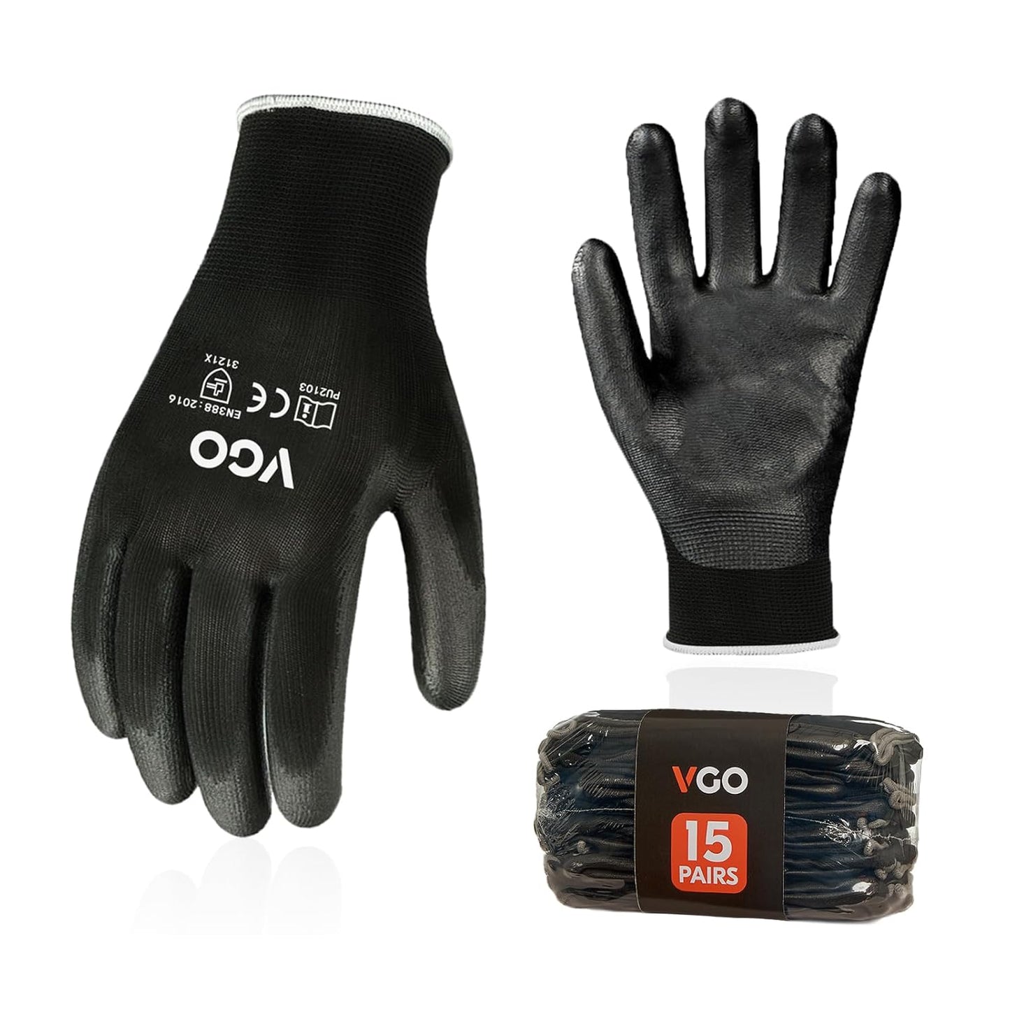 Vgo... 15-Pairs Safety Work Gloves, Gardening Gloves, Polyurethane Coated, Dipping Gloves, Latex Free (Size M, Black, PU2103)