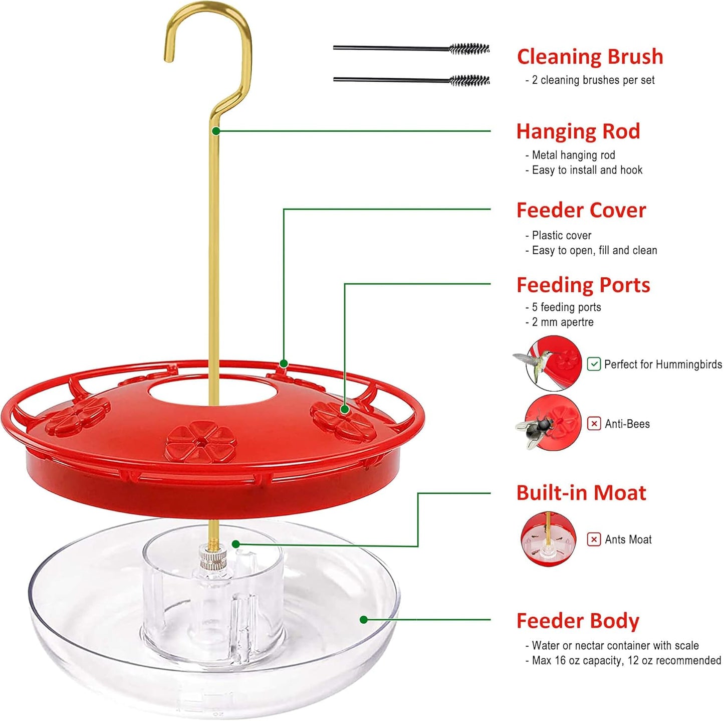 Hummingbird Feeders for Outdoors Hanging (2 Pack), 5 Feeding Ports 16 oz Plastic Hummingbird Feeder, Bee-Proof Leak-Proof No Drip, Easy to Clean with Cleaning Brushes