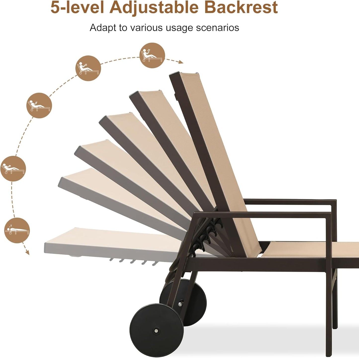 PURPLE LEAF Pool Lounge Chairs Set of 3 Aluminum Outdoor Lounge Chairs with Wheels and Armrests Adjustable Patio for Deck Outside Lawn Garden, Taupe