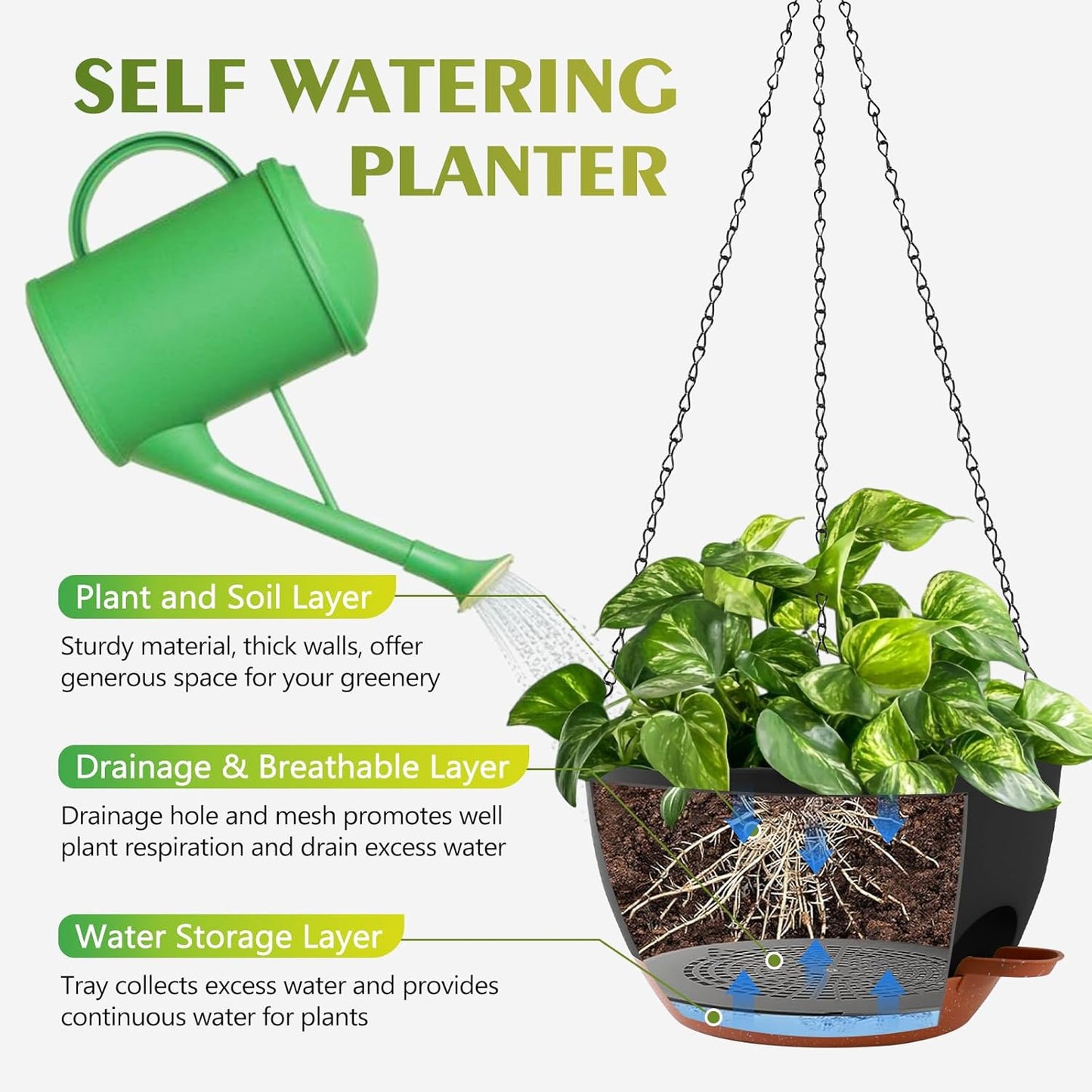 GARDIFE Hanging Planters for Indoor Outdoor Plants, 2 Pack Self Watering Hanging Pot with Drainage Holes & Removable Tray (Black, 12 inch)