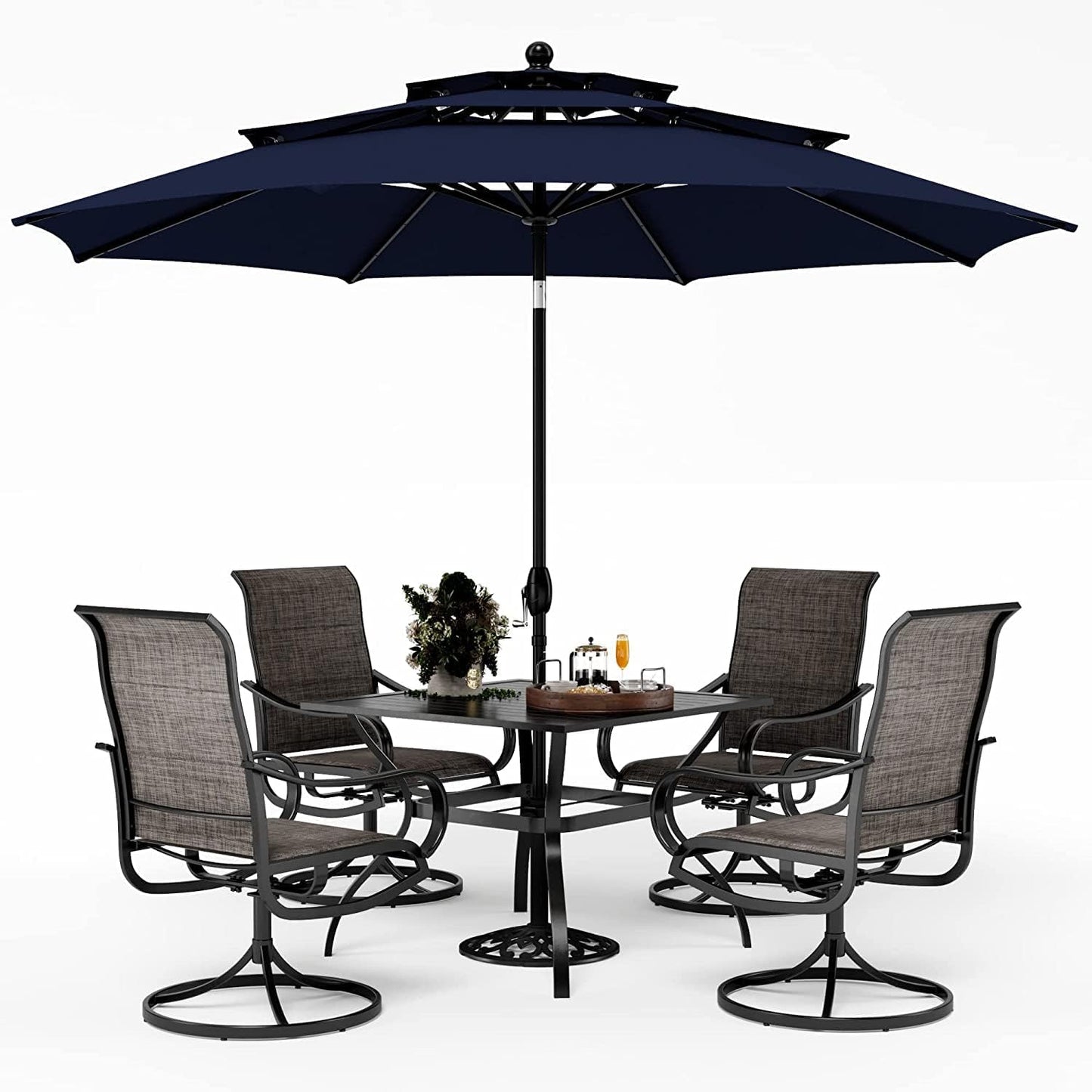 PHI VILLA Patio Dining Set with Umbrella for 4, Outdoor Table & Chairs Set with 4 Padded Swivel Patio Dining Chairs, 1 Metal Dining Table and 10ft Navy Blue Large Patio Umbrella (No Umbrella Base)