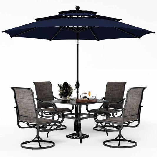 PHI VILLA Patio Dining Set with Umbrella for 4, Outdoor Table & Chairs Set with 4 Padded Swivel Patio Dining Chairs, 1 Metal Dining Table and 10ft Navy Blue Large Patio Umbrella (No Umbrella Base)