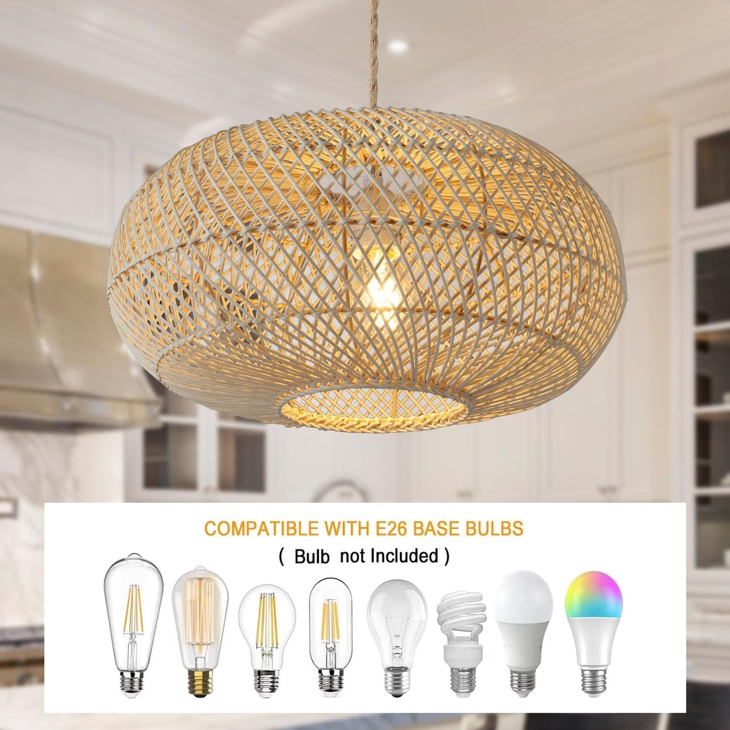 Rattan Pendant Light 16" 1-Light Hand-Woven Rattan Hanging Light，Wicker Woven Basket Chandelier，Modern Bohemian Pendant Lamp for Kitchen Island Foyer Farmhouse Porch