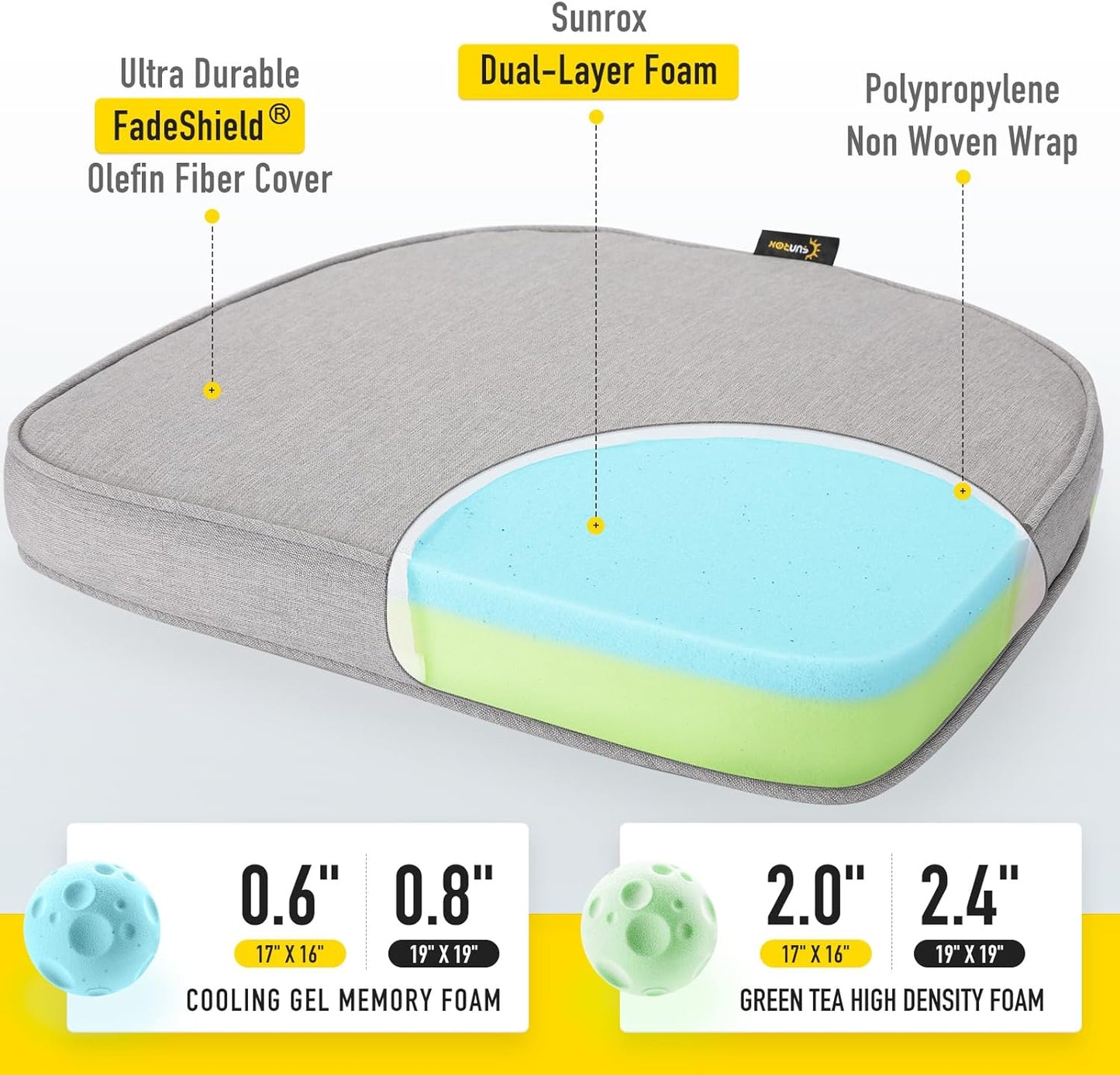 SUNROX Gel Memory Foam Chair Cushions, FadeShield Water-, Stain-Resistant Durable Reversible Seat Cushion Pads with Ties for Indoor/Outdoor Kitchen Dining Office, 19"x19", Set of 4, Heather Grey