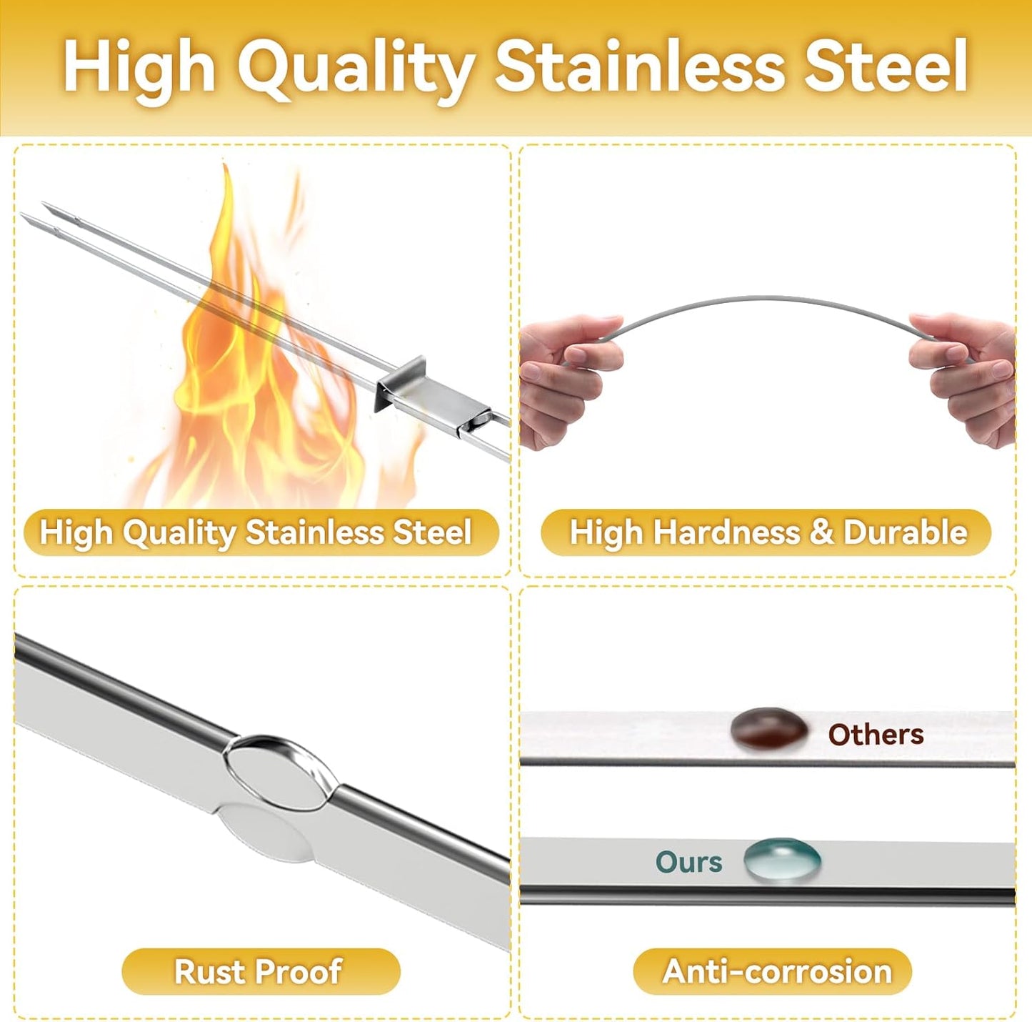 Kabob Skewers - 17" 12 Pack Metal Skewers For Kabobs with Push Bar Double Pronged Anti-Roll Flat BBQ Skewer for Grilling Stainless Steel Reusable Kebab Skewer for Meat Shrimp Chicken Veggie