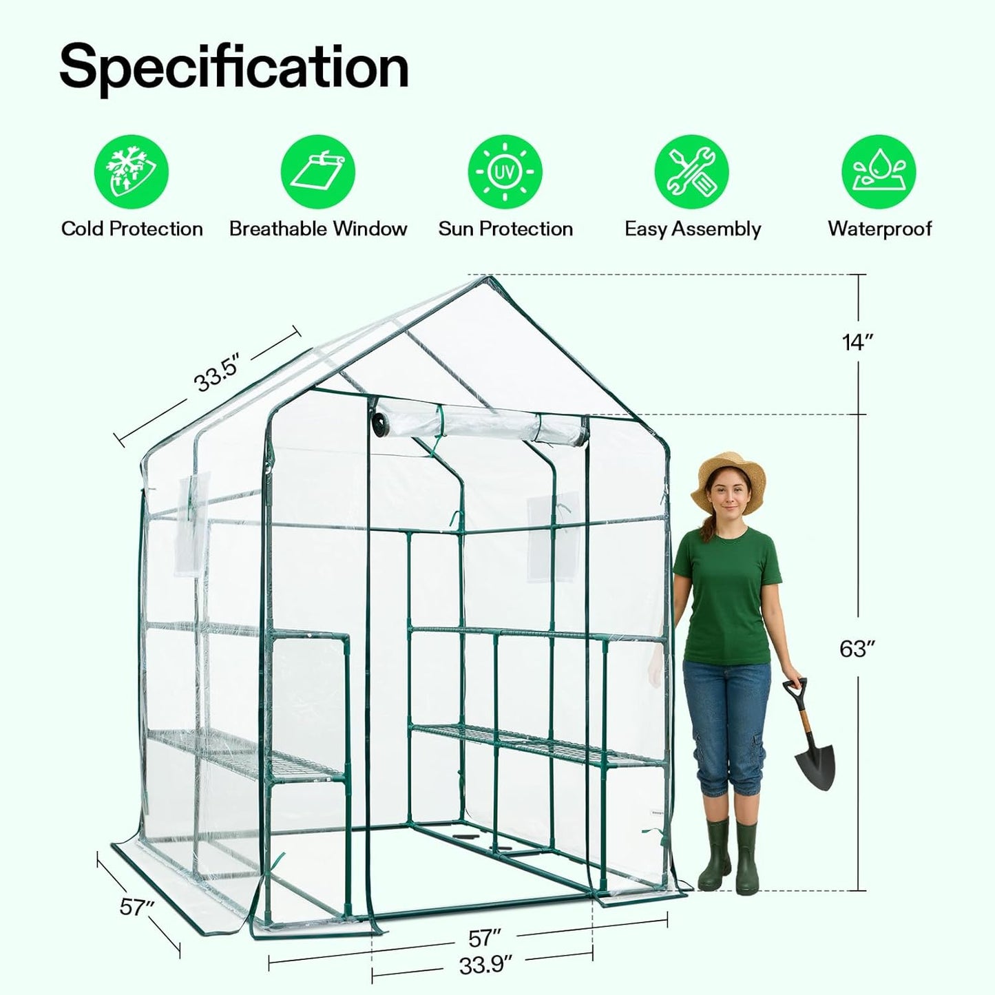 VIVOSUN 57x57x77-Inch Transparent Mini Walk-in Green House with Window and Anchor, Plant Garden Hot House 2 Tiers 8 Shelves, 4.7 x 4.7 x 6.4 FT