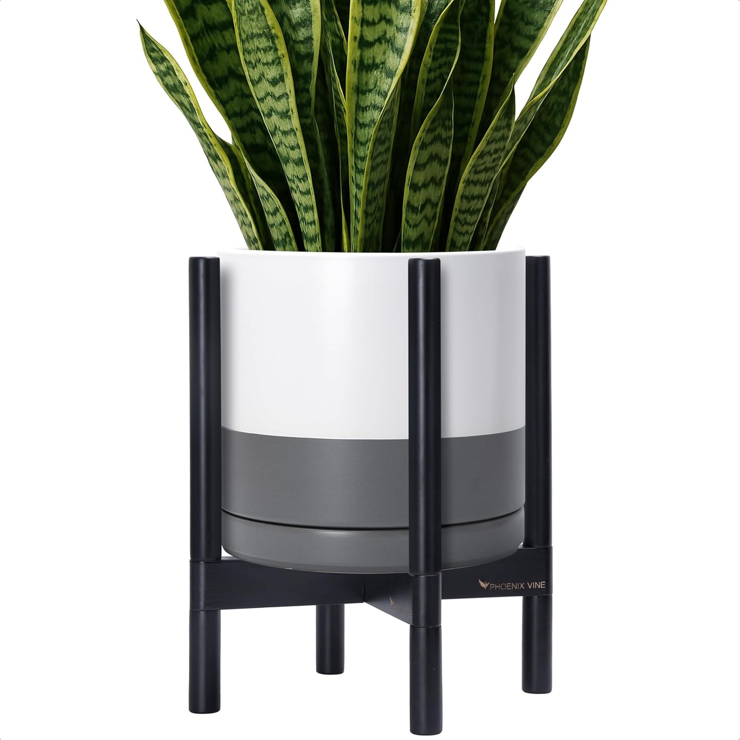 D'vine Dev Ceramic Planter with Ebony Stand - 12 Inch Modern Round Flower Pot with Wood Planter Holder, White/Grey, 55-B-H-6