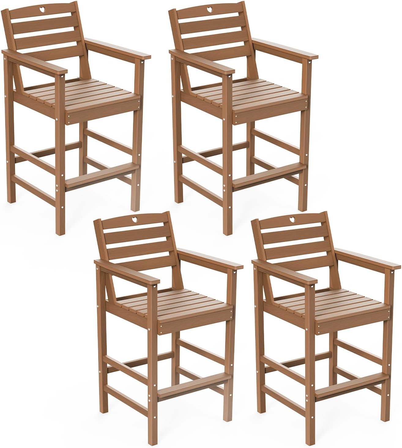 Tall Adirondack Chairs Set of 4, HDPE Wood Balcony Adirondack Chairs Set with Heart Cutout Design, Weather-Resistant Bar Height Furniture for Deck, Porch, Pool (Teak)