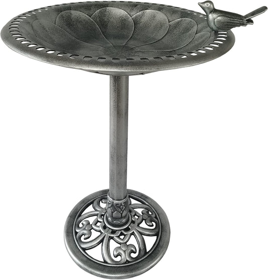 Outdoor Garden Bird Bath - Silver - Weather Resistant Polyresin - 30 Inch - Backyard Expressions