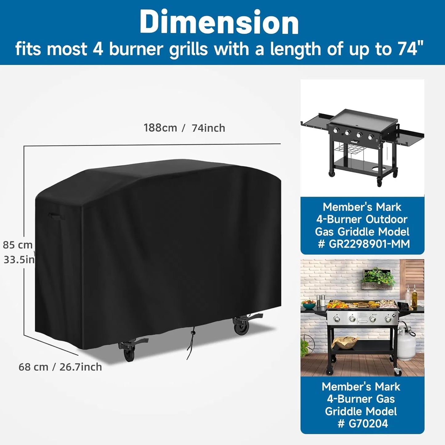 Flat Top Grill Cover for Members Mark Griddle,Waterproof Outdoor 36" Griddle Cover for Members Mark 4 Burner Grill, Heavy Duty Gas Burner Covers for Black Stone 36 Inch Cooking Station,74" W