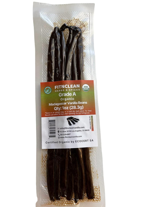 1oz. Madagascar Organic Vanilla Beans Gourmet Grade A. Certified USDA Organic 6"-7.5" by FITNCLEAN VANILLA for Cooking, Brewing, Extract Fresh Bourbon NON-GMO Whole Pods