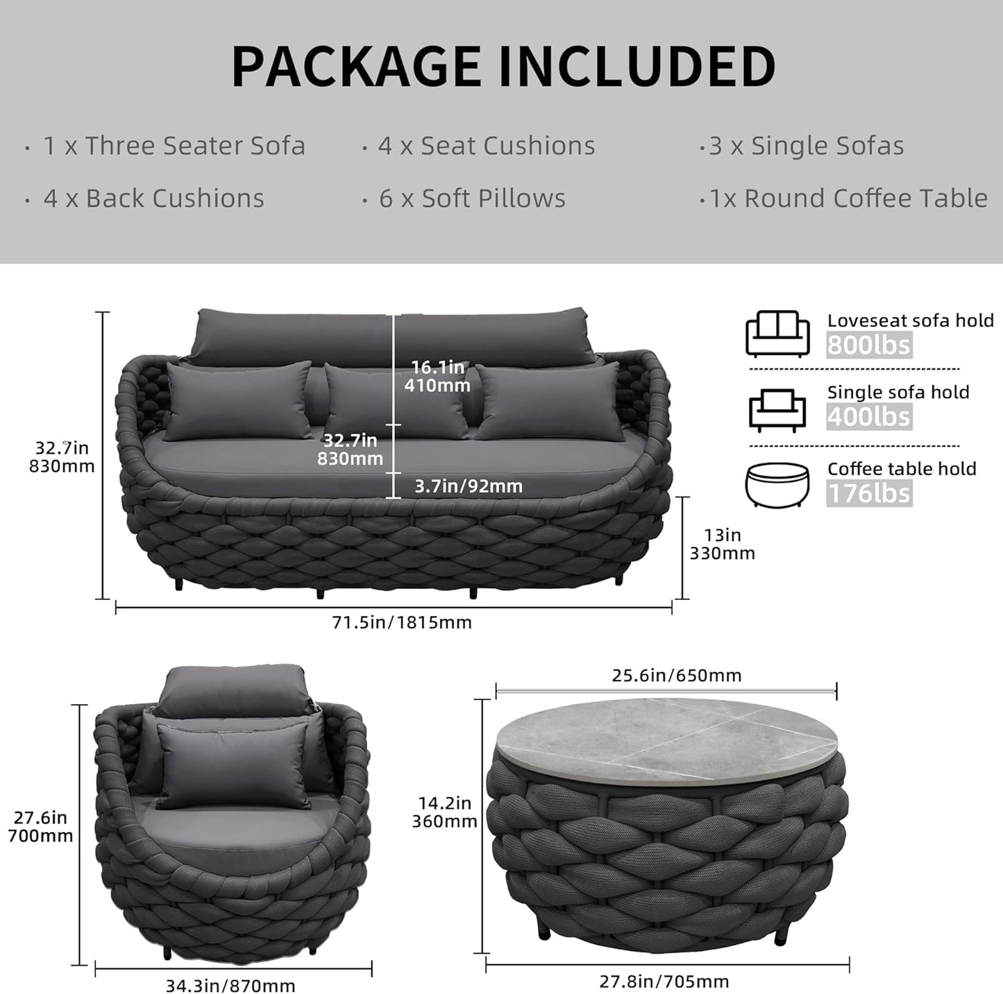 TWT Outdoor Patio Furniture Set, 5 Pieces Aluminum Sectional Sofa, Metal Patio Conversation Set with Threeseat & Armchair, Cushion and Coffee Table, Dark Grey