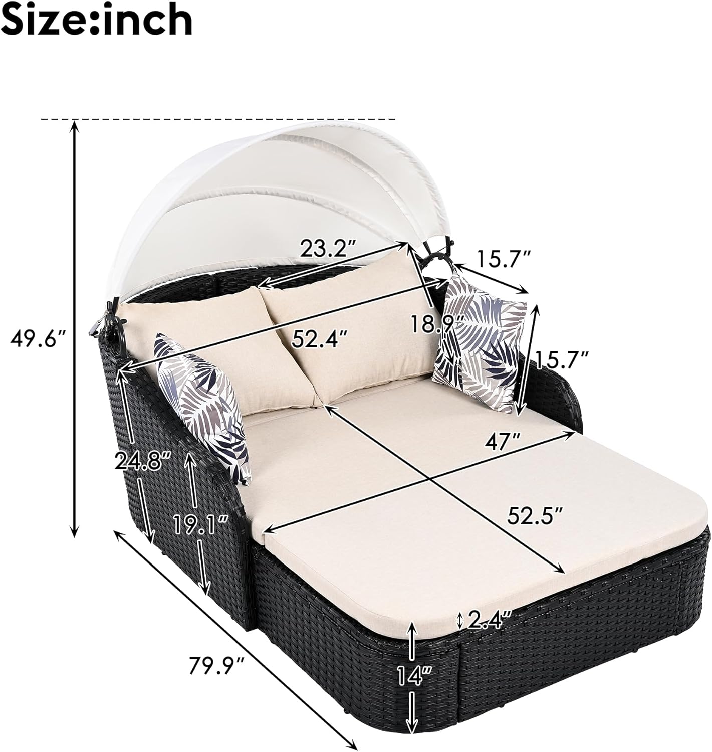 kevinplus Outdoor Patio Sunbed Daybed Double Lounge with Adjustable Canopy for Garden Backyard Pool, PE Rattan Wicker Material & Moveable Cushion Cover, Beige