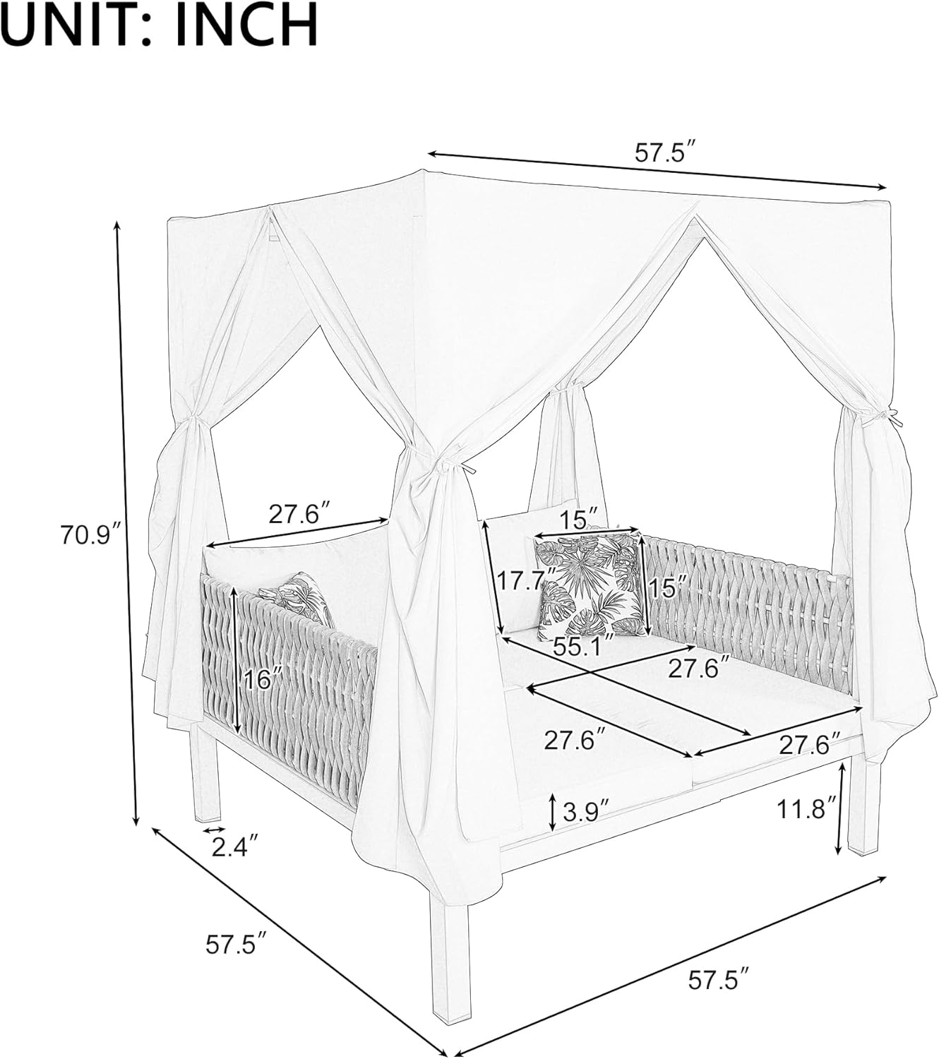 Polibi Outdoor Patio Sunbed with Beige Curtains,Outdoor Sun Lounger Bed with Pillows,Rubber Core Rope Weaving Outdoor Double Chaise Lounge Suitable for Pool,Garden,Beige