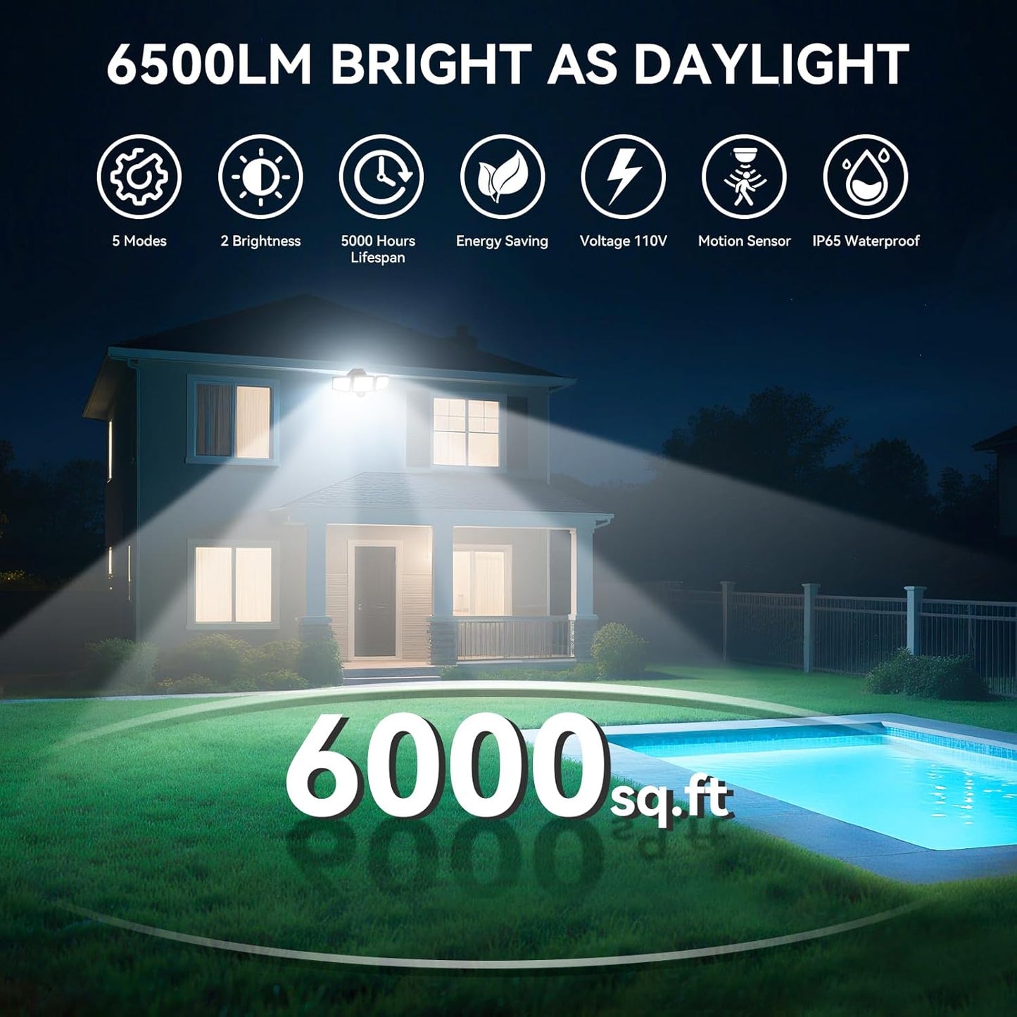 65W LED Flood Lights Outdoor, 6500LM, Waterproof, 6500K Motion Sensor Flood Lights Outdoor with Adjustable 3 Head Detected Floodlight for Outside Entryway Garage, Yard, Porch, 2Pack