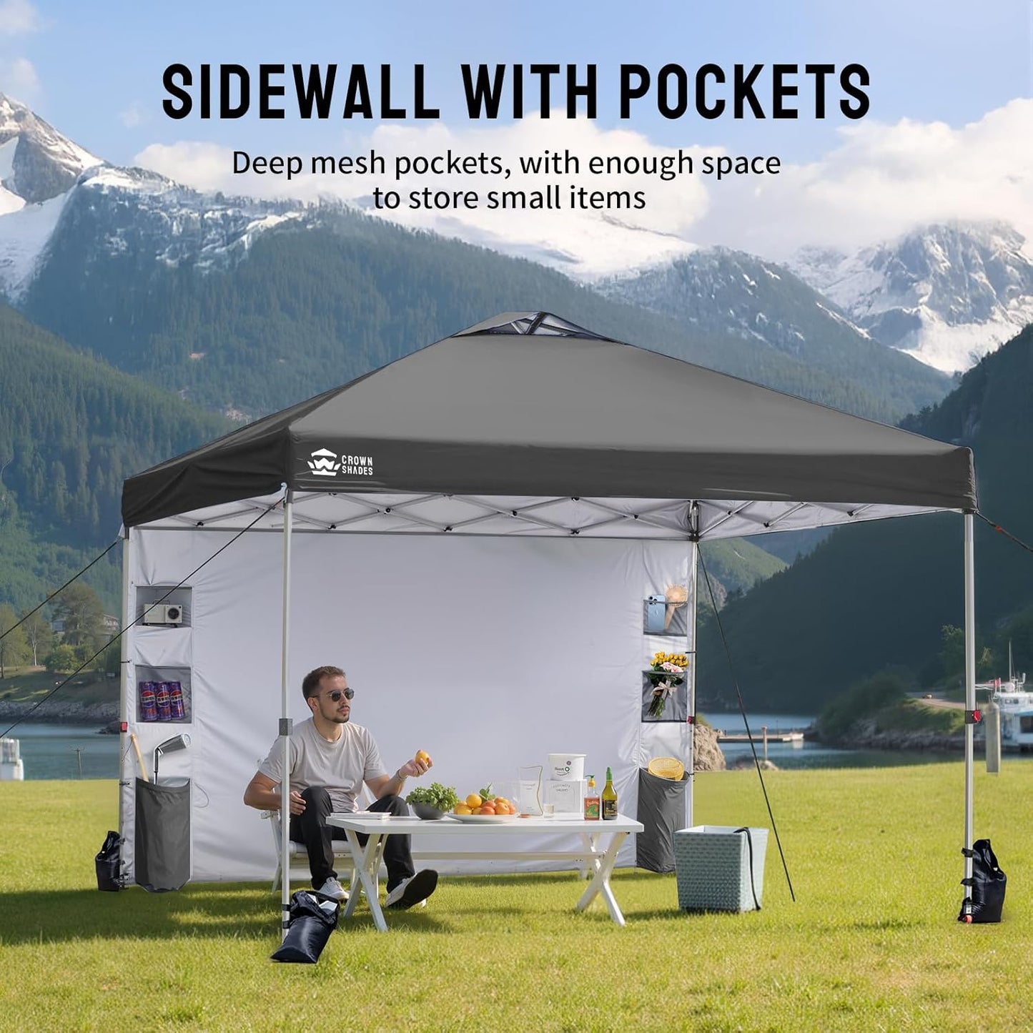 CROWN SHADES Canopy Tent 10x10 Pop Up Canopy Outdoor Shade with Pockets Sidewall, Easy Up Sun Shelter with One Person Set Up Center Lock, Portable Instant Camping Beach Canopy Tents, Grey