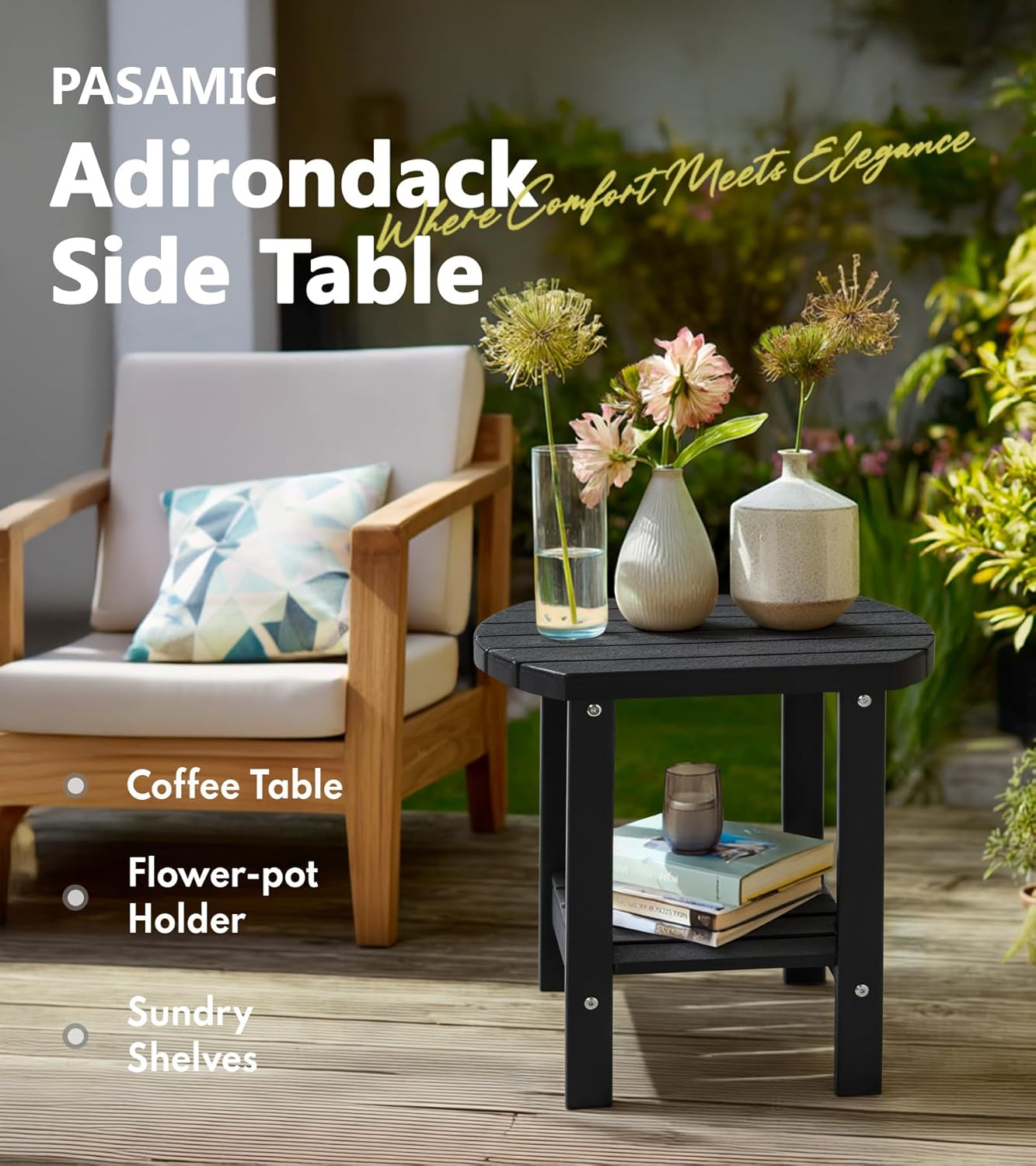 PASAMIC Outdoor Side Table, HDPE Adirondack Oval Side Table with 2-Tier Storage, Weather Resistant Outdoor End Table for Patio, Backyard, Pool, Indoor Companion, Beach, Easy Maintenance Table (Black)