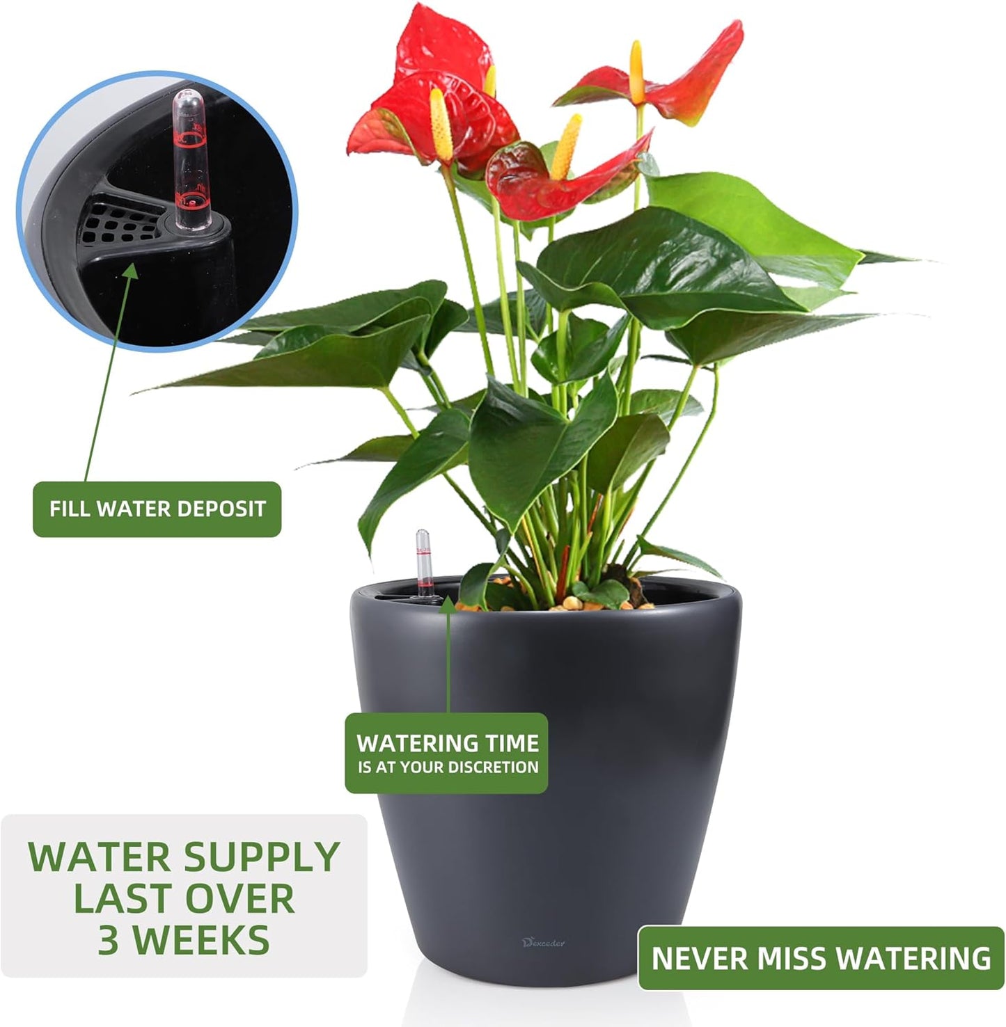 Dexceder 18x17 Self Watering Planter with Wheels Indoor Outdoor, Inner Pot Design, Thickened Large Floor Standing Flower Plant Pot with Water Level Indicator (Slate Gray Matte)