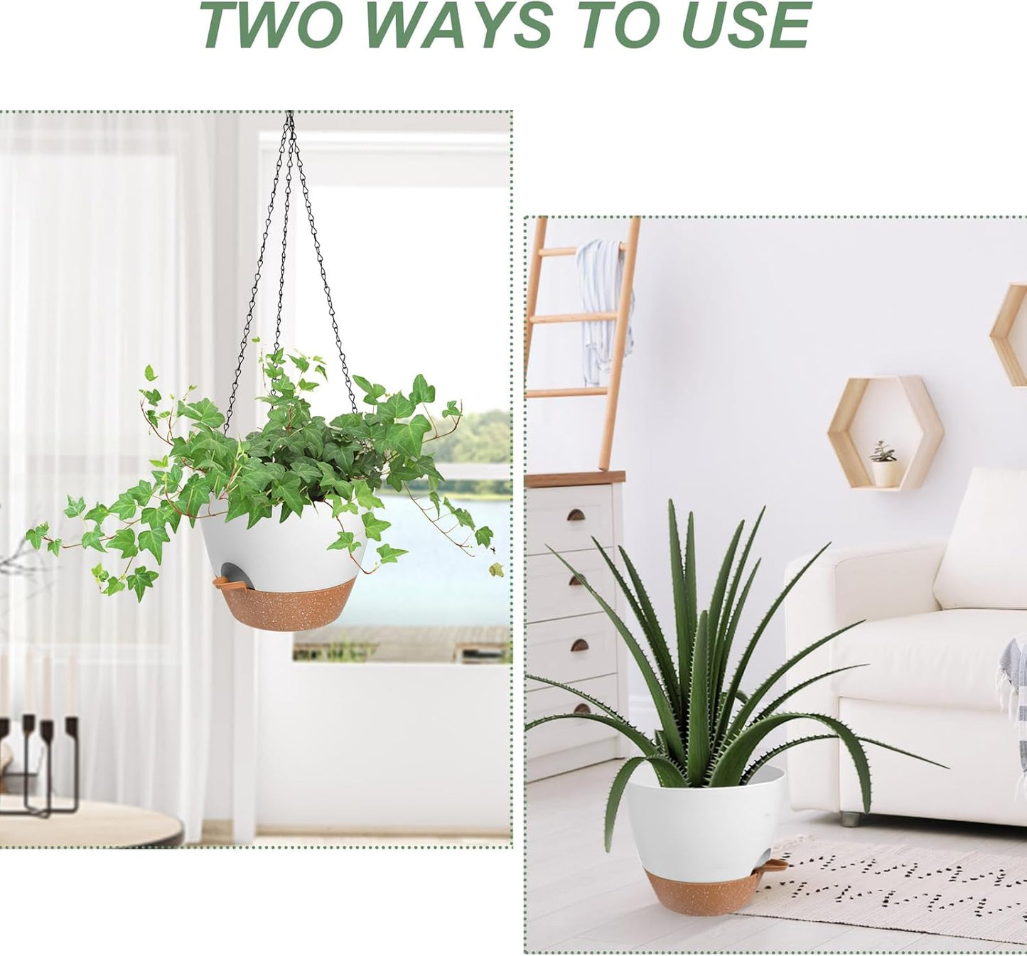 Hanging Planters for Indoor Outdoor Plants, 1 Set Self Watering Hanging Pot with Drainage Holes & Removable Tray (White-12inch, 12'')