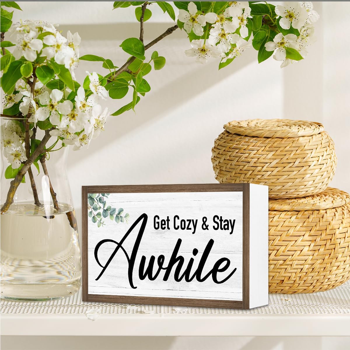 Get Cozy And Stay Awhile Wooden Box Sign Desk Decor,Rustic Family Saying Wood Block Sign for Home Farmhouse Bedroom Shelf Tabletop Wall Decor