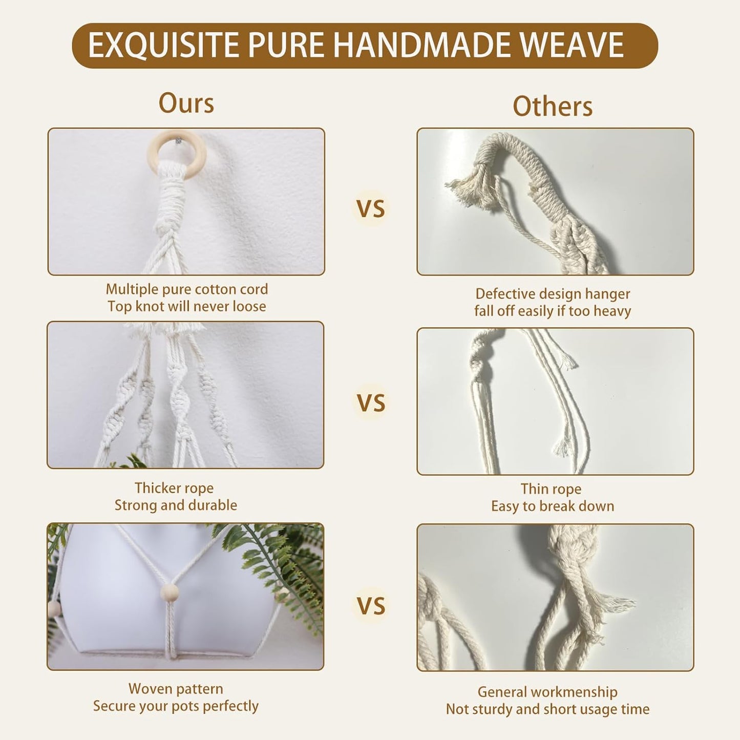 Artilady Hanging Planter for Indoor Plants Macrame Plant Hanger Large Hanging Plant Holder with Adjustable Beads Plants Basket White Rope Boho Plant Wall Decor