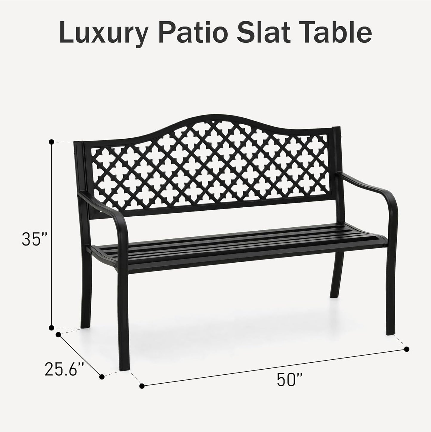 PHI VILLA 50" Outdoor Garden Patio Metal Bench for Outdoors with Plastic Backrest Armrests Sturdy Steel Frame, Black