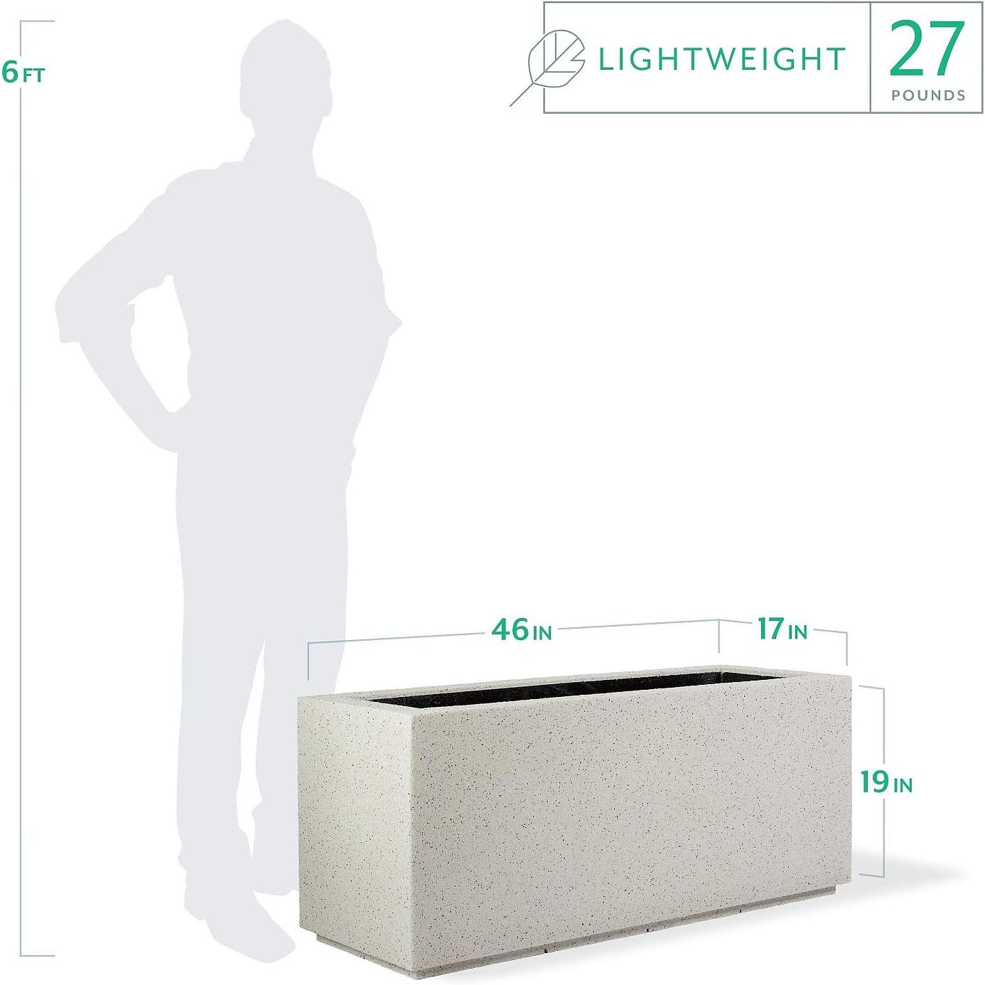 PolyStone Milan Tall Modern Outdoor/Indoor Rectangular Trough Planter, 46" W x 19" H, Lightweight, Heavy Duty, Weather Resistant, Polymer Finish, Commercial and Residential (White Granite)