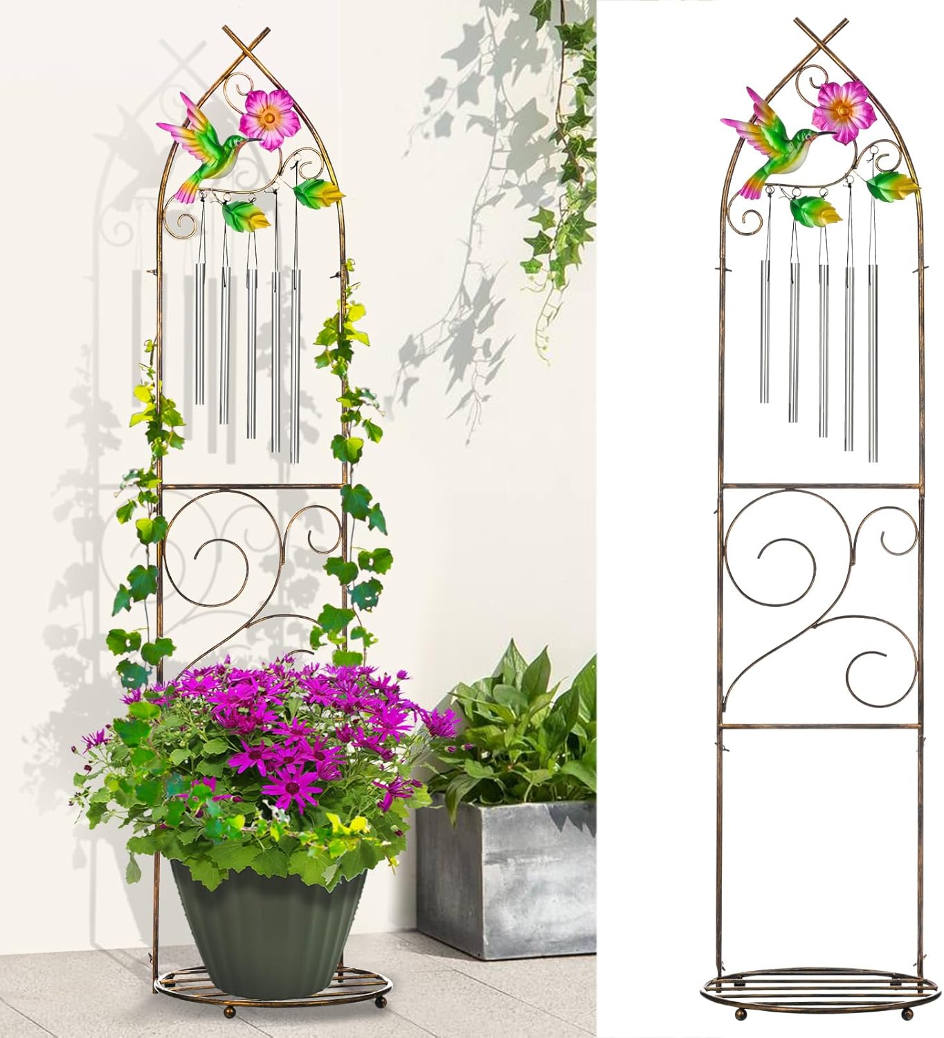 Plant Stands with Garden Trellis, 48” Metal Standing Wind Chimes Plant Pot Trellis with Hummingbird for Garden Patio Backyard Climbing Plants Outdoor Decor