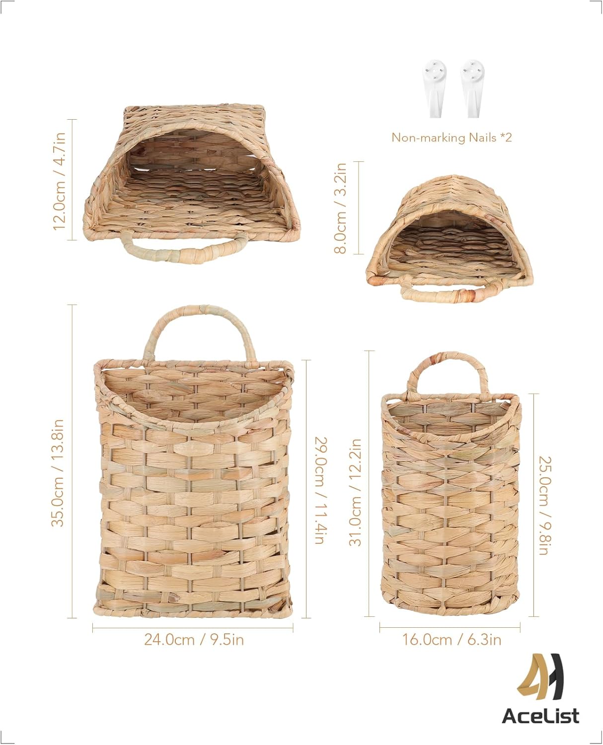 AceList Woven Hanging Basket for Front Door Set of 2, Handmade Water Hyacinth Hanging Wall Basket, Natural Wicker Storage Bins with Handles, Decorative Boho Organizer for Home Farmhouse Decor