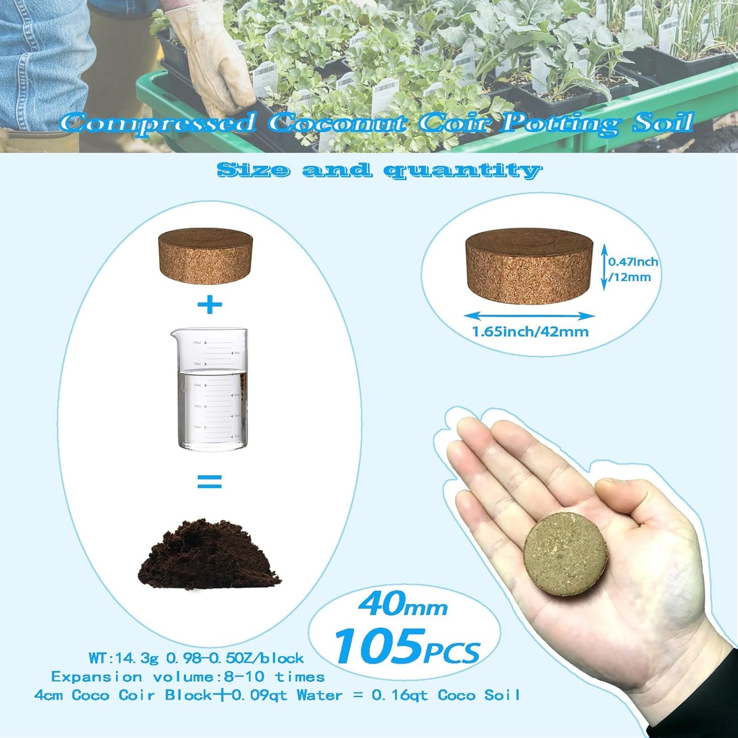 105 Pcs 40mm Compressed Coconut Coir Potting Soil,Coco Coir Pellets for Plants,Coco Fiber Pellets for Planting, Garden, Bonsai, Vegetables & Flower