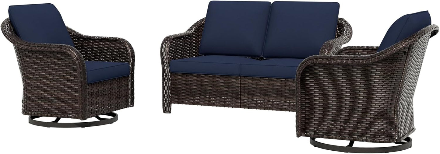 3 Piece Patio Wicker Conversation Set, All-Weather Use Outdoor Wicker Loveseat with 2 PE Rattan 360 Swivel Chair, Ideal for Porch, Backyard, Balcony, Poolside, Blue