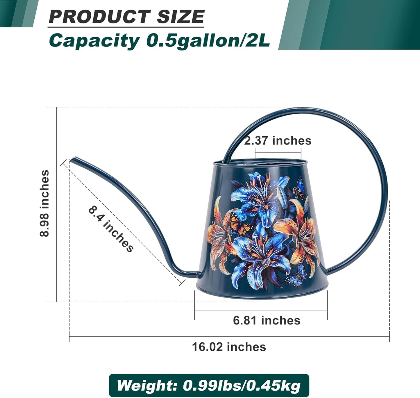 Berry&Bird House Plants Watering Can - Indoor&Outdoor 1/2 Gallon Stainless Steel Water Can with Long Spout Garden Decoration for Flower Bonsai Succulent Gardening Large Watwer Bottle (Lilium Brownii)