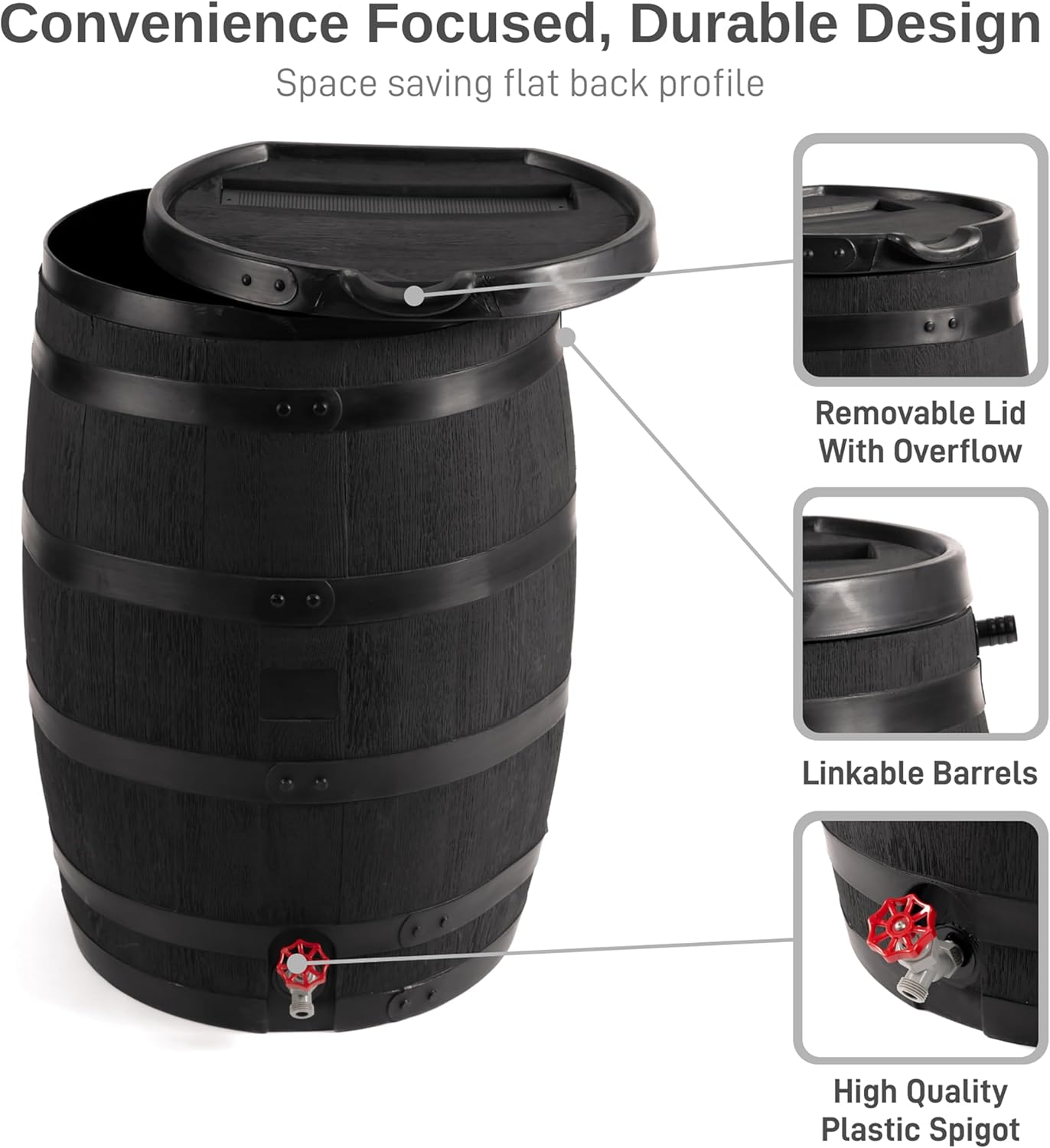 RTS Home Accents Premium 55-Gallon Eco Rain Barrel with Removable Lid, Flat Back Rain Water Collection Barrel, Made with 100% Recycled Plastic, Black