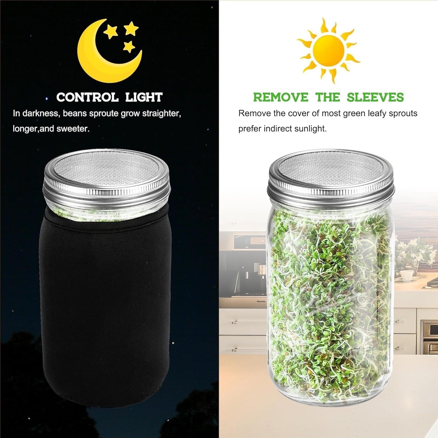 Organic Seed Sprouting Jar Kit – 2 × 32 oz Wide-Mouth Mason Jars with Stainless-Steel Sprouter Lids & Stand, Blackout Sleeves, Drain Tray – Grow Broccoli, Alfalfa & Bean Microgreens