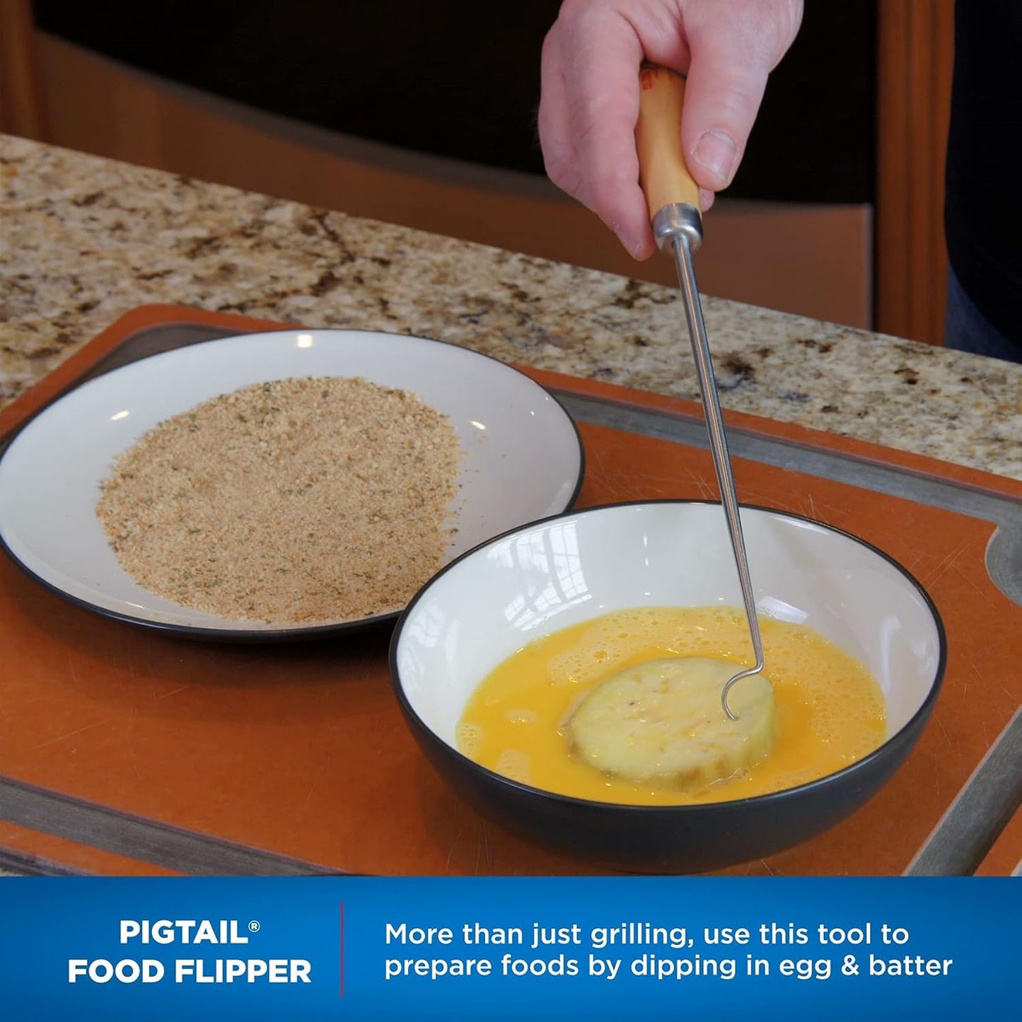 Jaccard 12” PigTail Food Flipper, Blister Pack - Wooden Handle, PigTail Flipper, Meat Hook for Grilling, Wood/Stainless, 201310