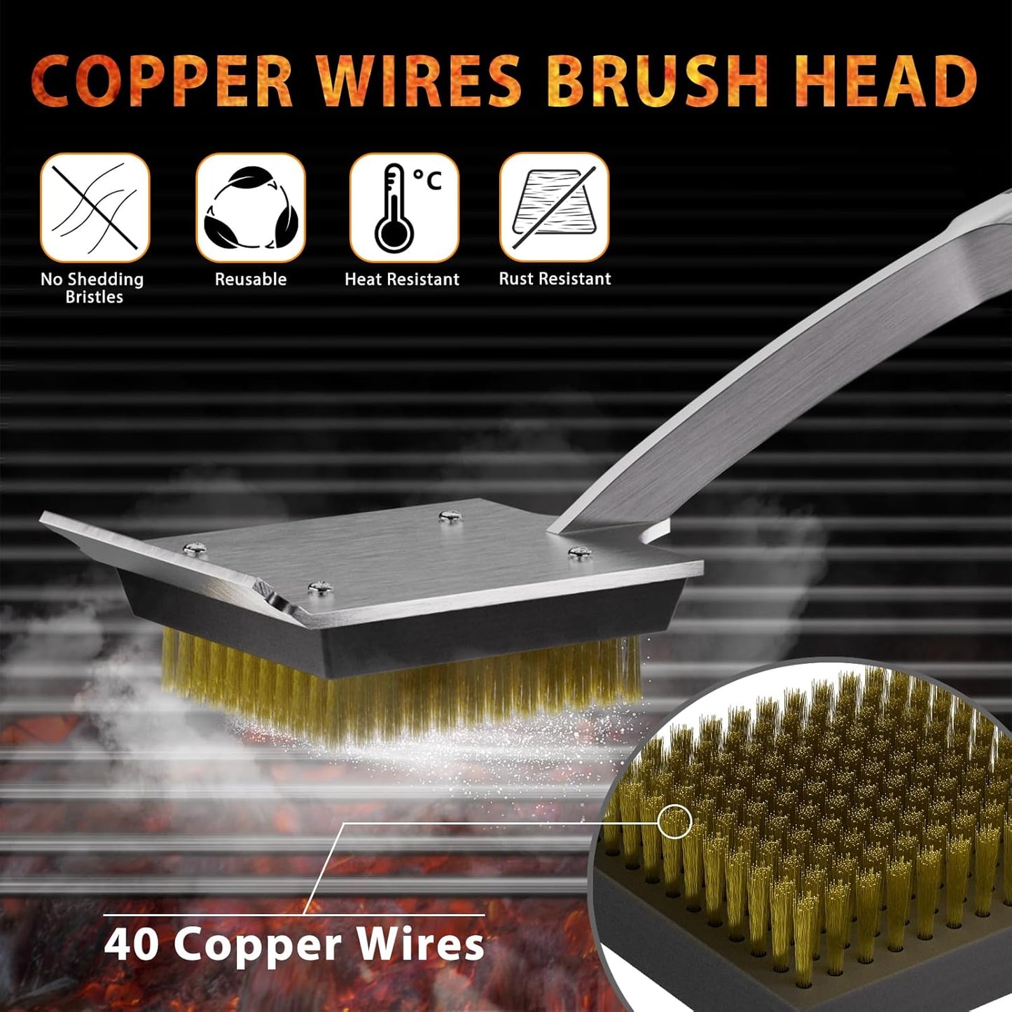 ENLOY Grill Brush and Scraper for Barbecue, 17" Grill Brush for Outdoor Grill, Extended Rosewood Handle and 2 Replaceable Copper Wire Brush Heads, Grill Cleaning Brush Grill Accessories for Most Grill