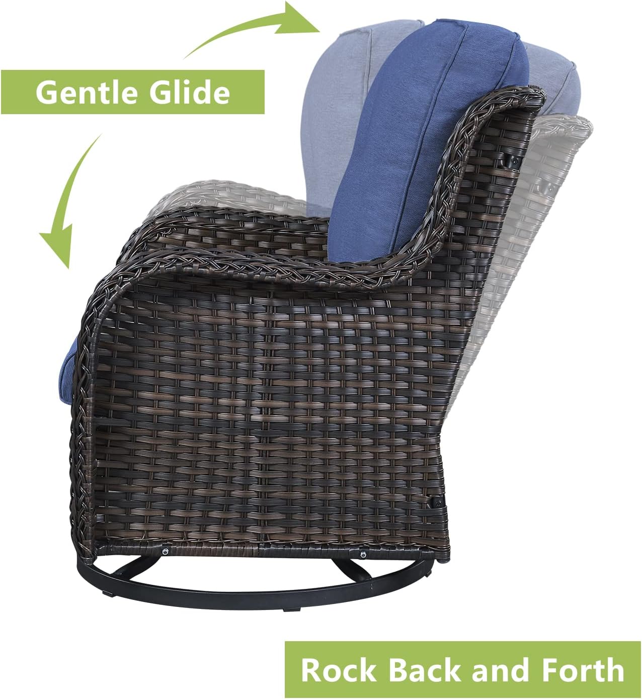 Outdoor Wicker Patio Furniture Set - 5 Pieces Rattan Patio Conversation Set with 2 Rocking Swivel Chairs,2 Ottomans and 1 Side Table for Porch Deck Backyard Garden(Brown/Blue)